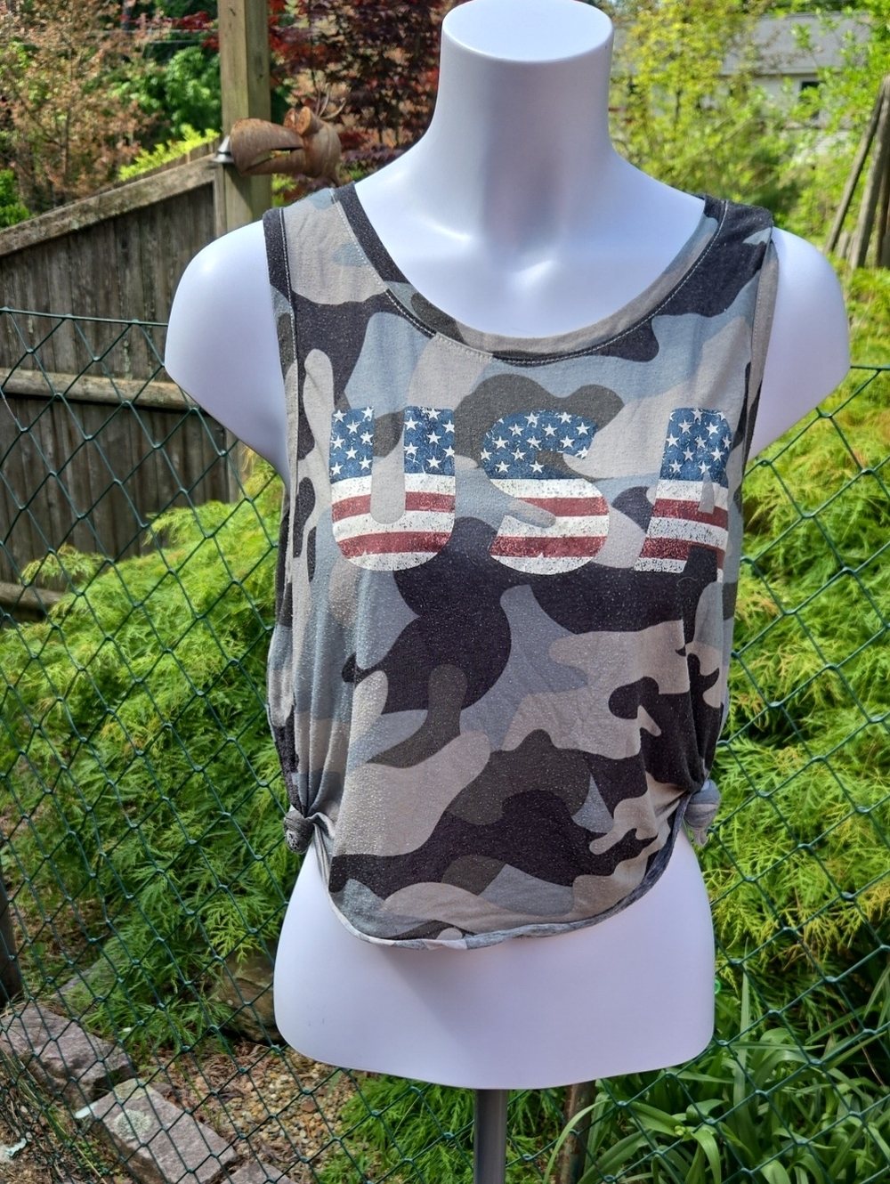 Maurices Gray Camo USA Knot-Front Tank